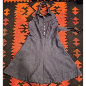 Isaac Mizrahi Target Dark Denim Halter Dress Pockets Button Front Size 10.